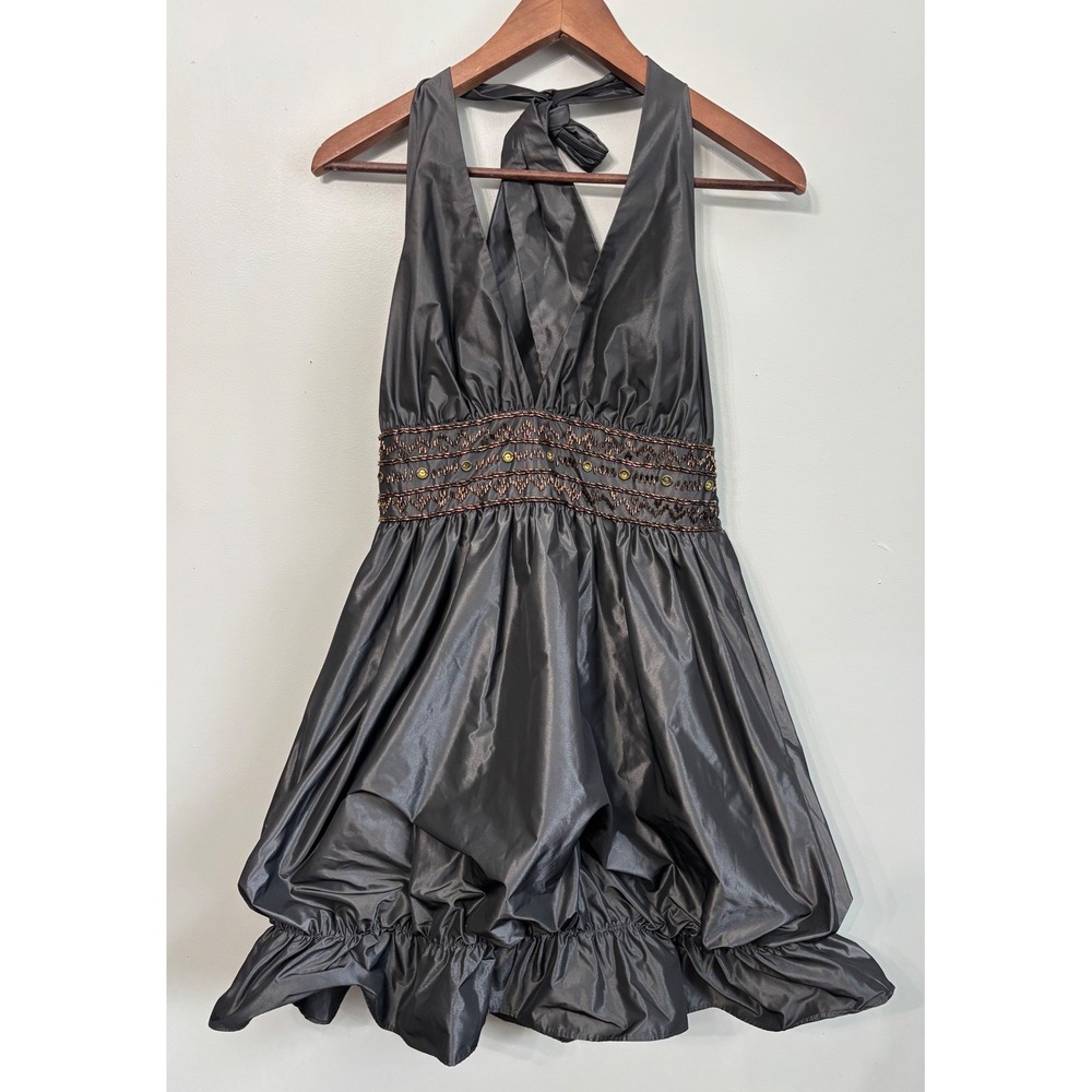 BCBG Generation Dress M Grey Beaded Halter Bubble‎ Hem Party Special Occassion